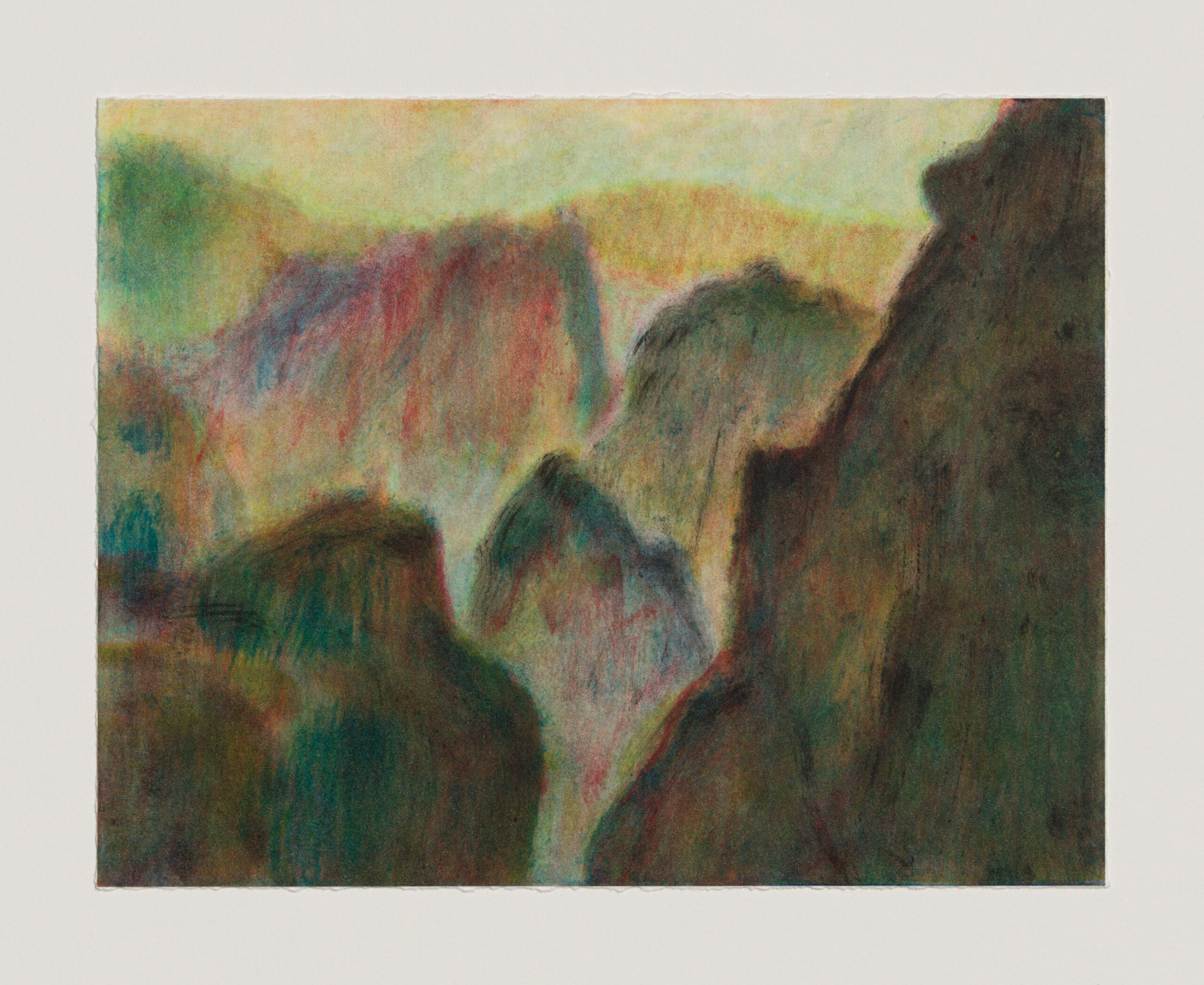 Monotype of a colourful landscape depicting peaks and mountains.