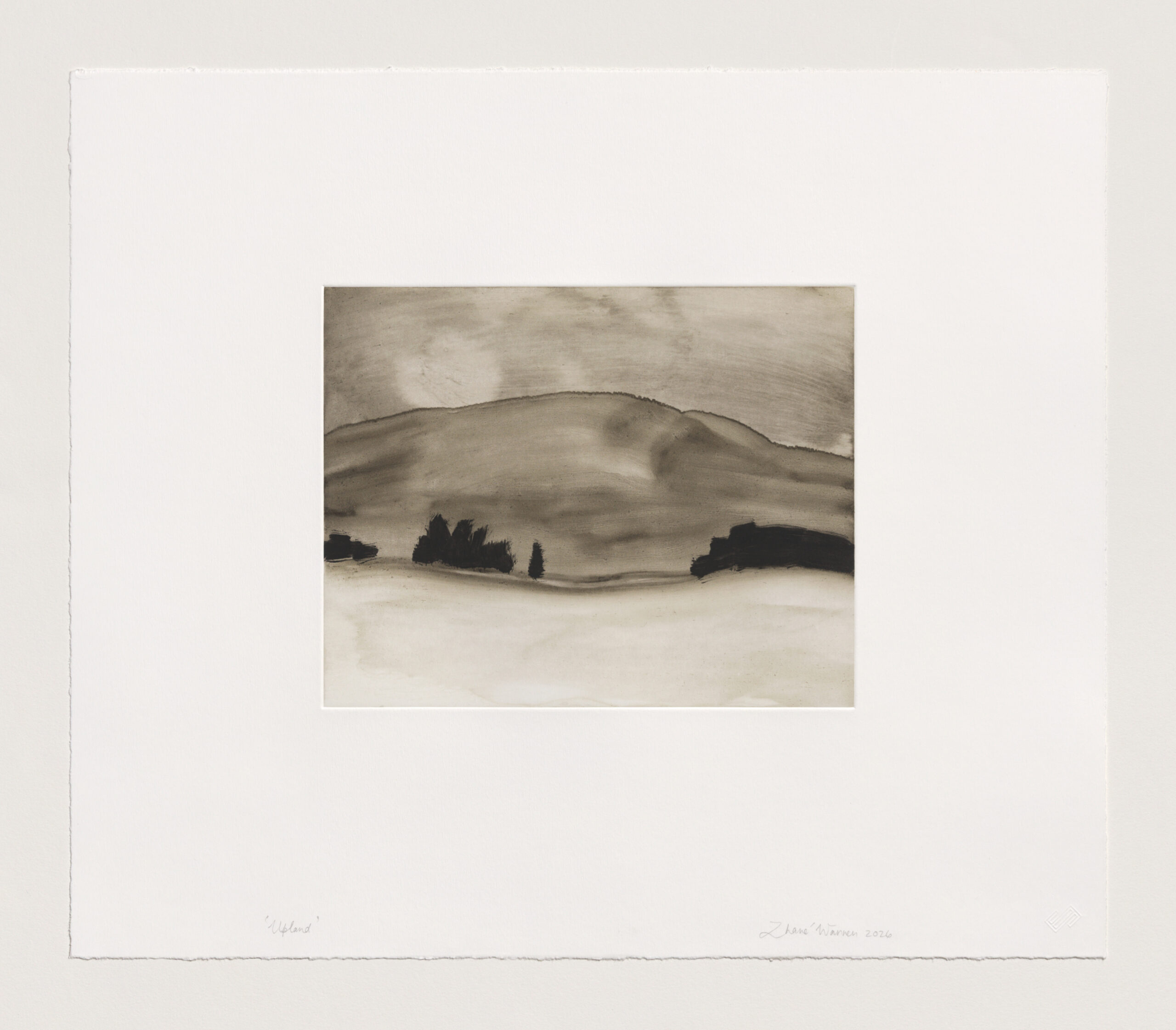 Hand-pulled original monotype of monochrome landscape on 320 g/m² high-quality paper.