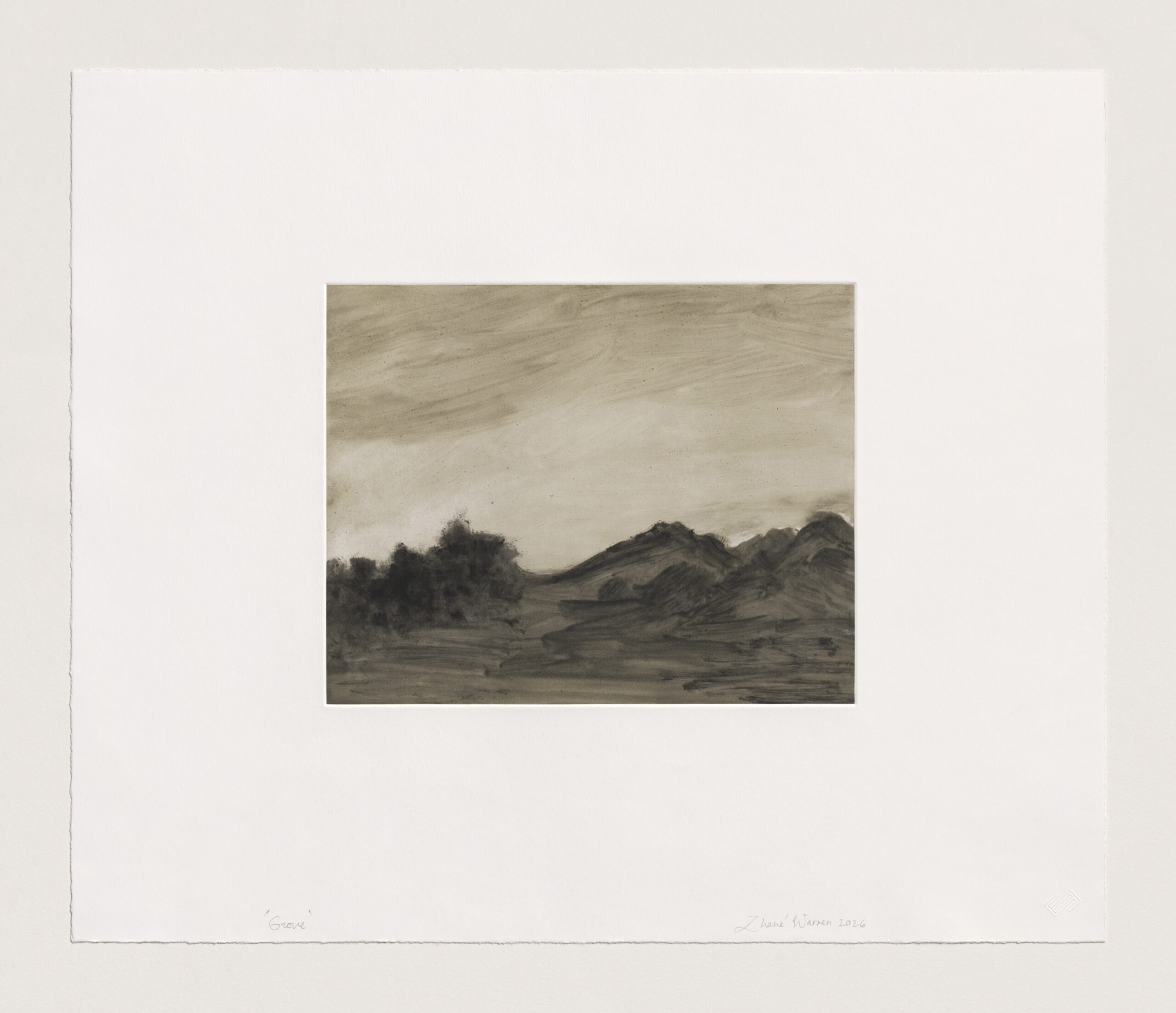 Hand-pulled original monotype of monochrome landscape on 320 g/m² high-quality paper.
