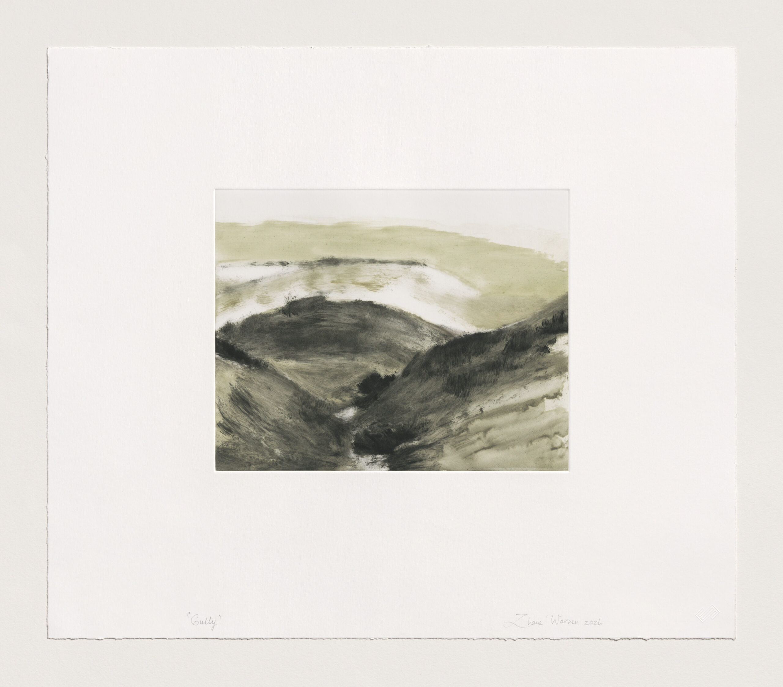 Hand-pulled original monotype of monochrome landscape on 320 g/m² high-quality paper.
