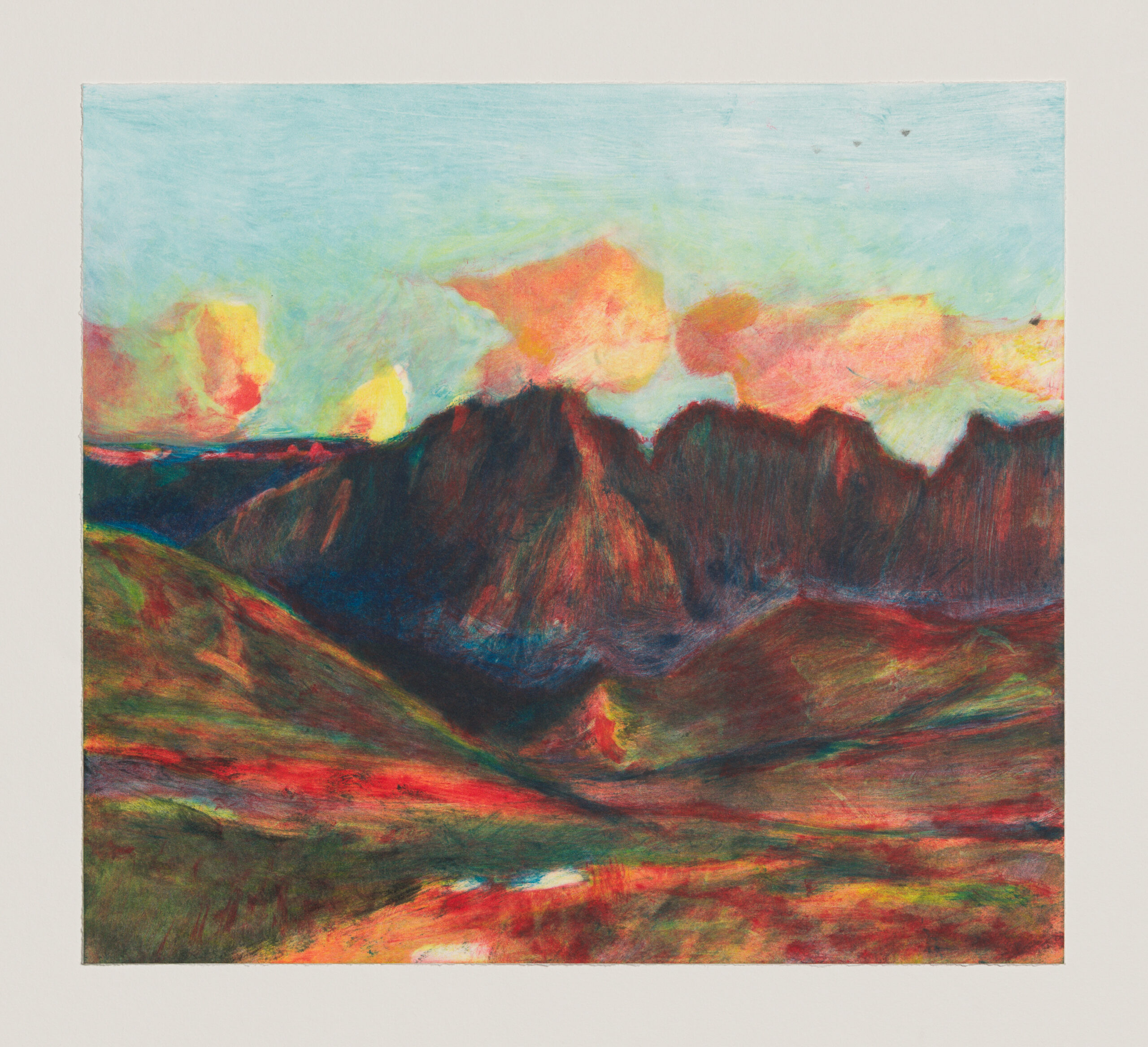 Monotype of a landscape depicting a multi-colour mountain range.